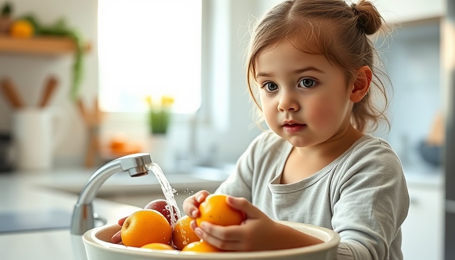 Young girl washing fruits in a kitchen, emphasizing healthy diet in childhood linked to menstrual health.