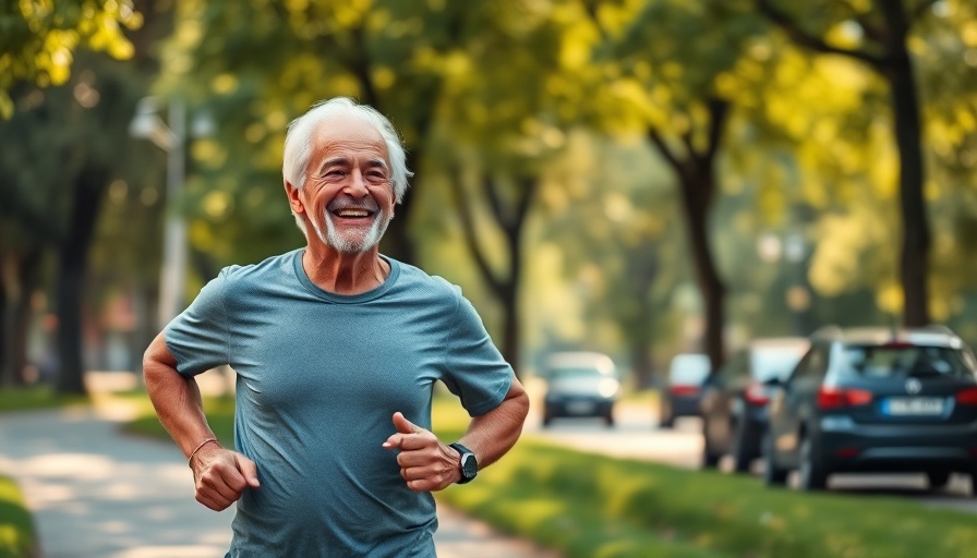 Heart-Healthy Exercise: Older adult jogging with headphones outdoors