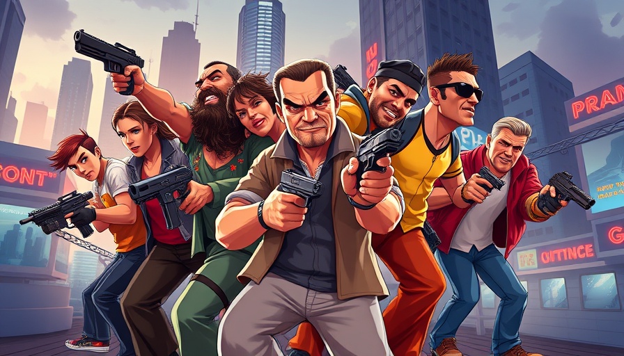 Iconic characters from every major Grand Theft Auto game, animated styles.