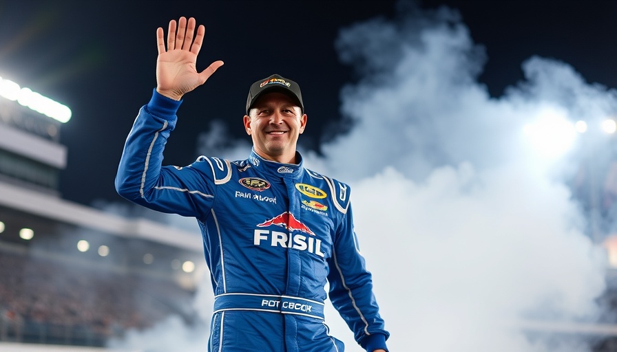 Race car driver at Texas Motor Speedway waving through smoke, related to Denny Hamlin car fire incident.