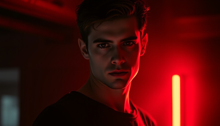 Moody portrait of a young man with intense gaze in red lighting.