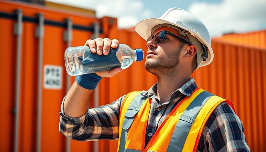 Construction worker preventing heat illness by hydrating at a worksite.