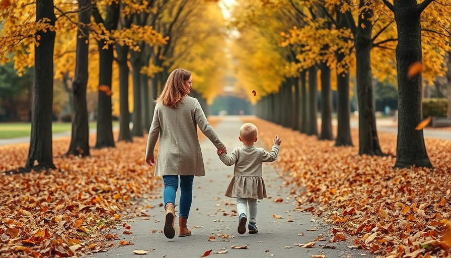 Mother and child walking together in autumn park, capturing motherhood and work balance.