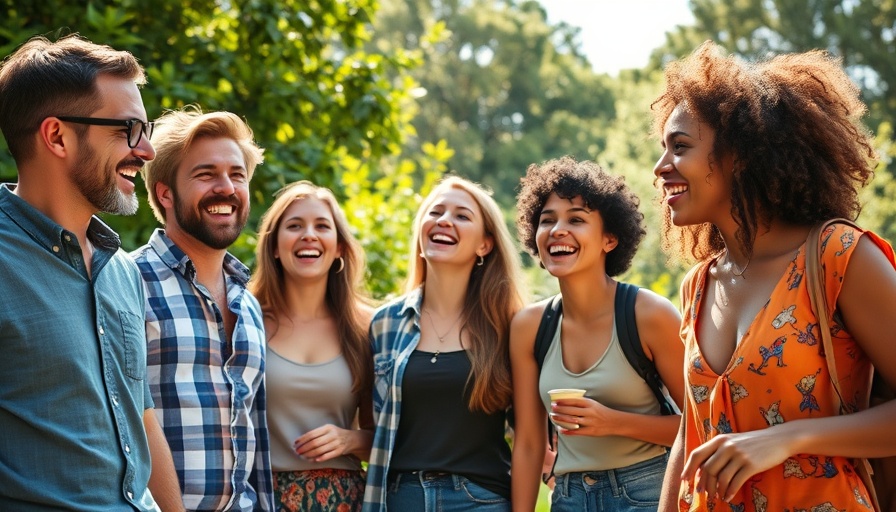 Joyful group outdoors amidst lush greenery.