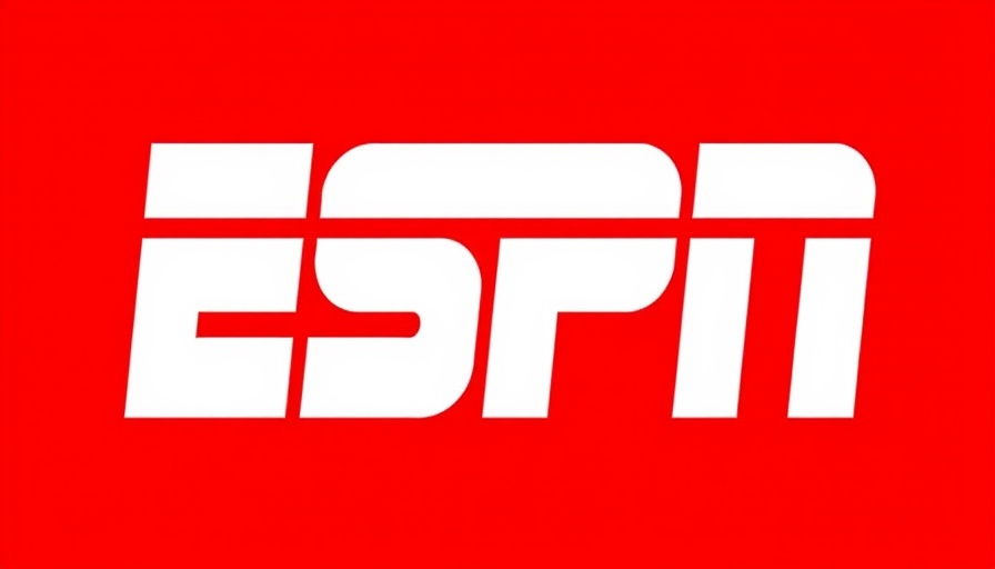 ESPN logo on red background promoting sports broadcasting.