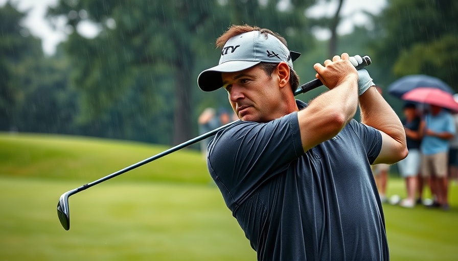 Golfer concentrating on swing at the rainy 2025 Truist Championship.