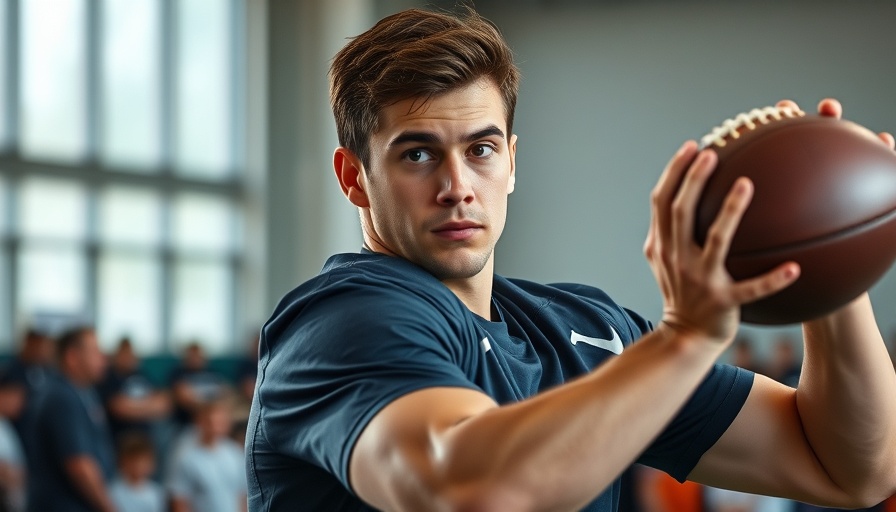 Focused athlete preparing to throw football at indoor training facility.