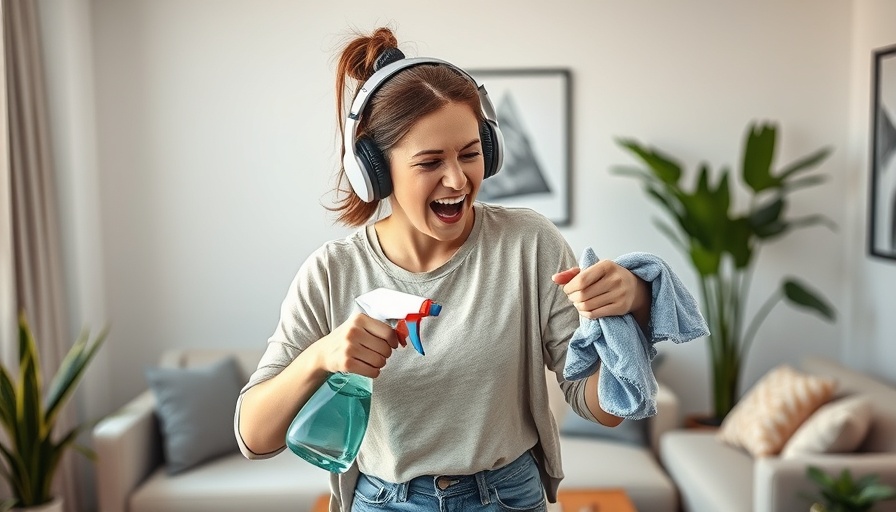 Woman energetically cleaning with headphones in a modern room.