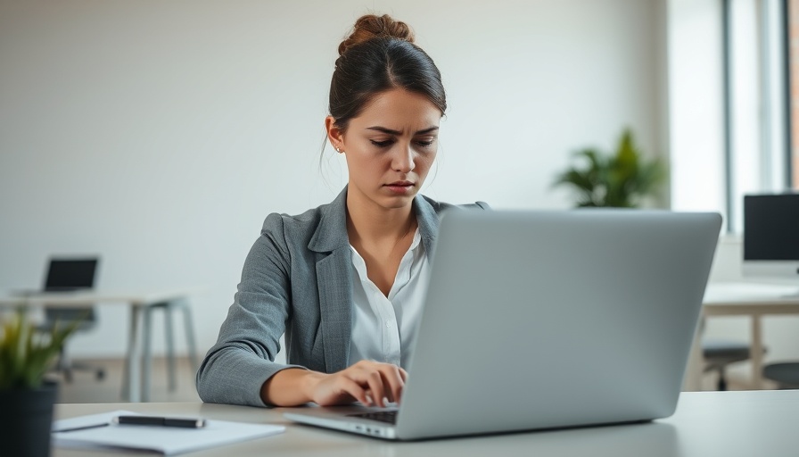 Gen Z worker stressed in office with laptop, highlighting workplace issues.