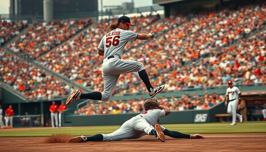 Baseball player leaps during game at stadium.