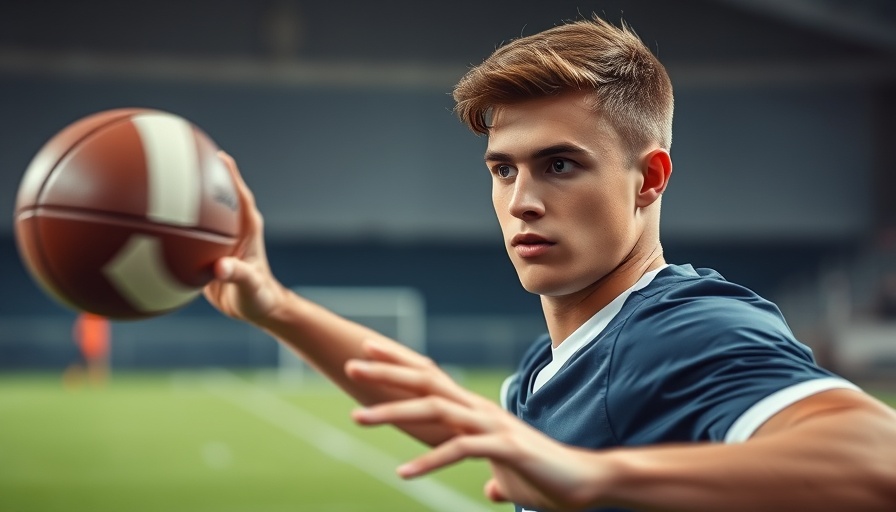 Focused athlete prepares to throw football indoors.