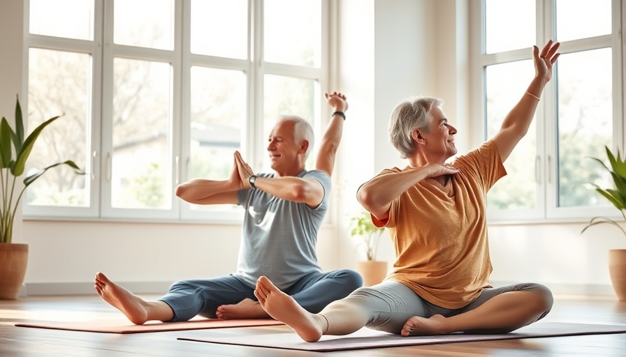 Middle-aged couple doing yoga for heart health in a bright room.