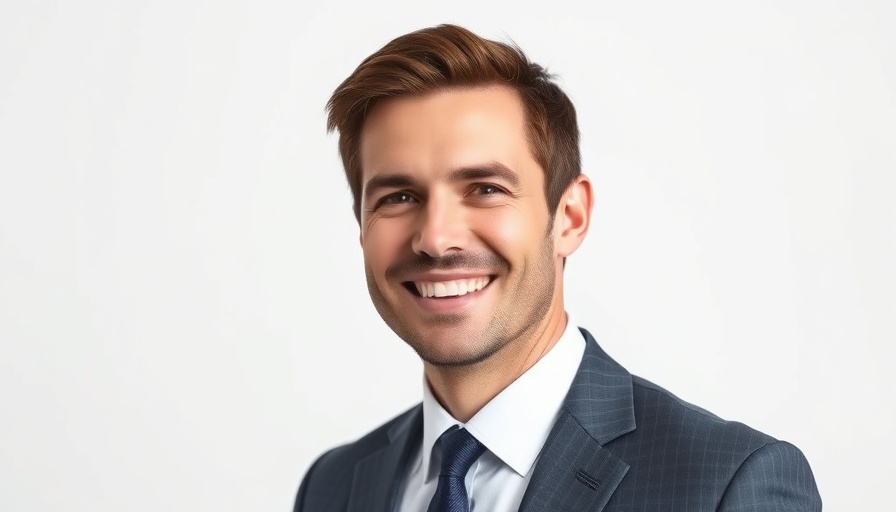 Businessman in a suit smiling confidently, AI workplace transformation.