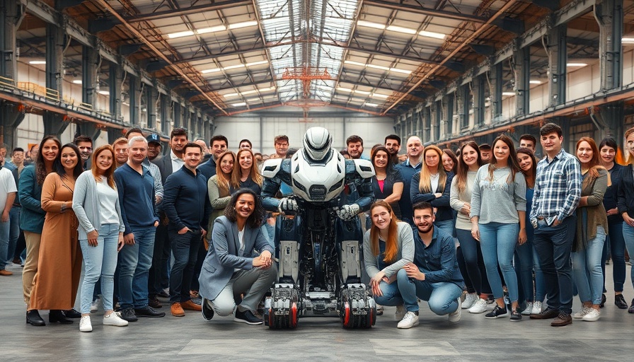Group in warehouse celebrating robotics achievement.