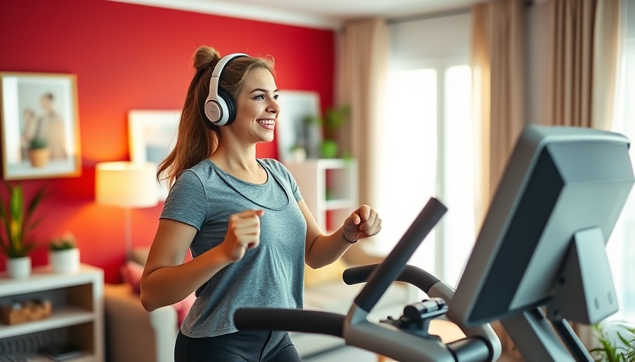 Smiling woman blending workout and home life in vibrant room
