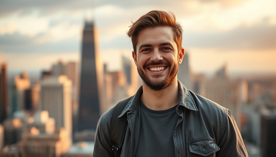 Confident man outdoors with city background, portraying positivity.