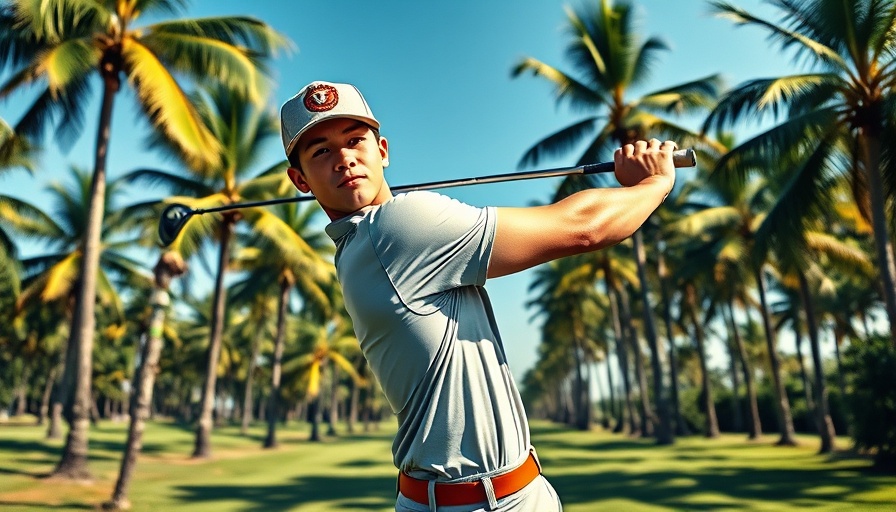 LSU Men's Golf athlete swinging on a palm-lined course.