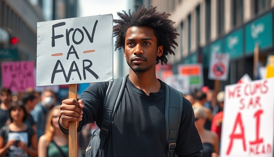 Protest sign against AI in digital replicas outside video game company building.