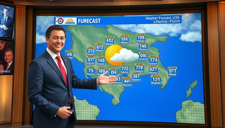 Weather forecast presentation in a TV studio, mild weather map shown.