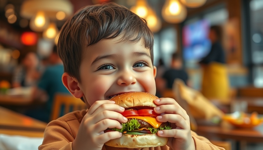 Child eating a healthy burger in a cafe, promoting healthier kids meals.