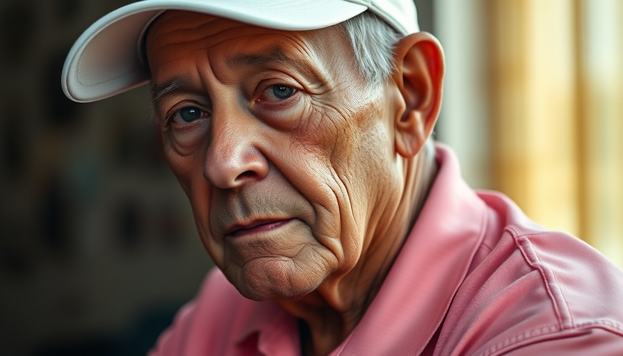 Older man with 'Hit King' shirt close-up, focused expression, photorealistic.