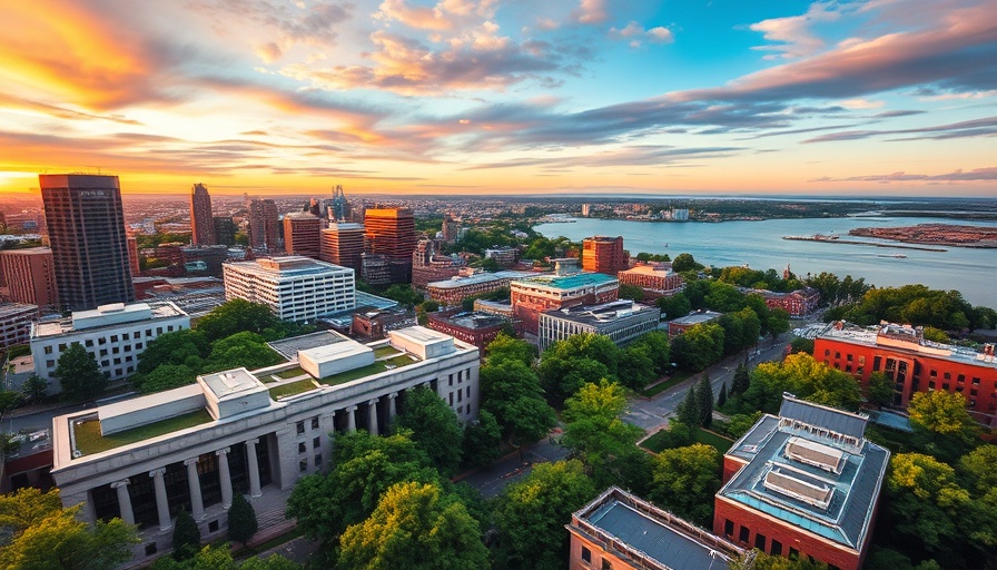MIT campus aerial view at sunset near the river.