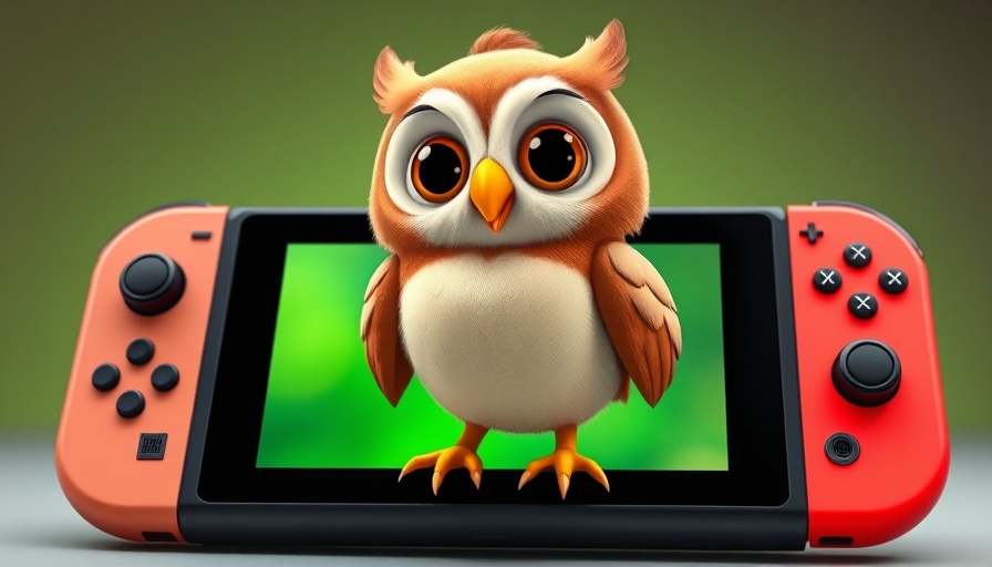 Cartoon owl character on Nintendo Switch 2 screen, vibrant green background.