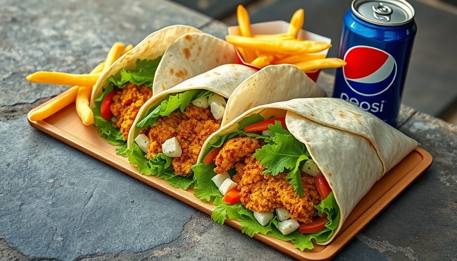 UAE Plant-Based Chicken Menu with wraps, fries, and Pepsi.