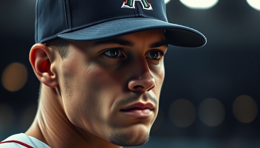 Baseball player with contemplative look wearing a navy cap.