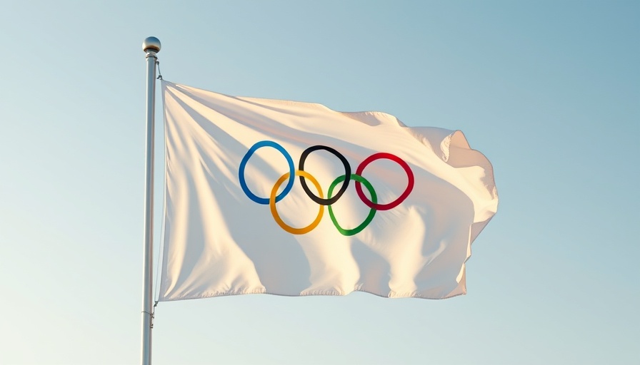 Olympic flag waving under a clear sky, symbolizing global sports.