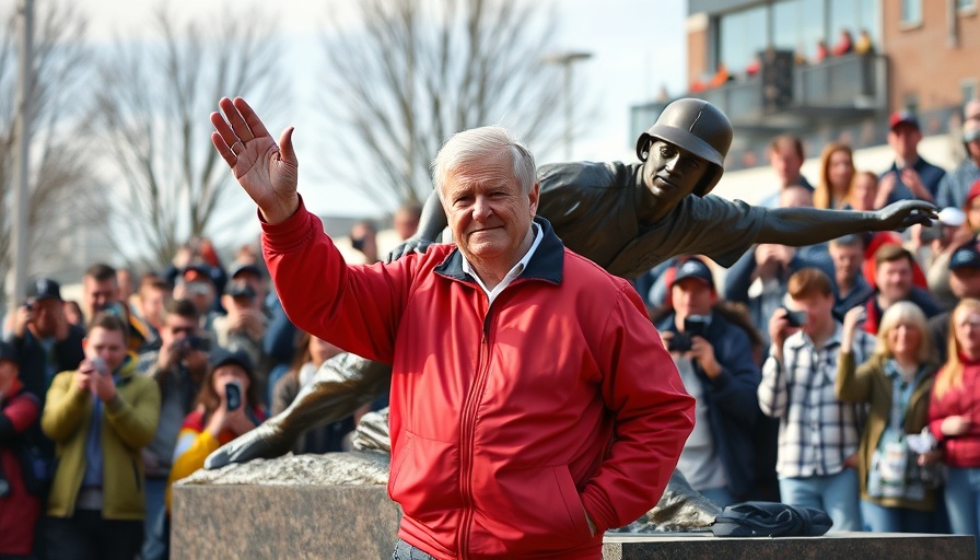 Elderly man in red jacket waving at outdoor event, baseball debate setting.