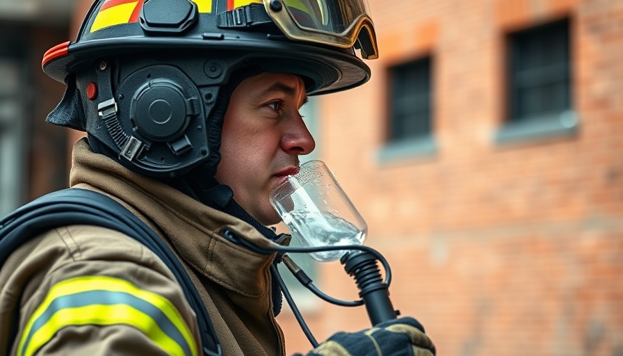 Firefighter using hydration technology in urban setting.