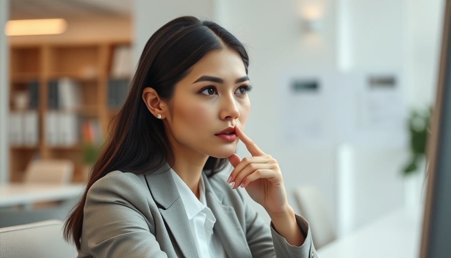 Professional woman contemplating work-life balance responsibility at her desk.