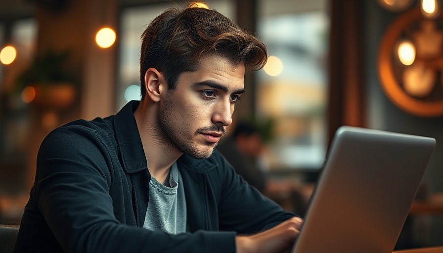 Young man contemplating work on laptop in cafe, ambient lighting.