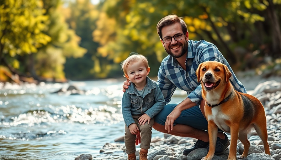 Father and son enjoying time with dog by river. One Health for pet owners.