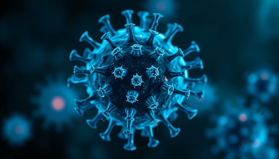 Illustration of influenza virus with blue spikes for universal influenza vaccine.
