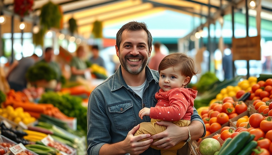 Cheerful man with child buying fresh produce at a farmers market, lifestyle changes to prevent a heart attack.