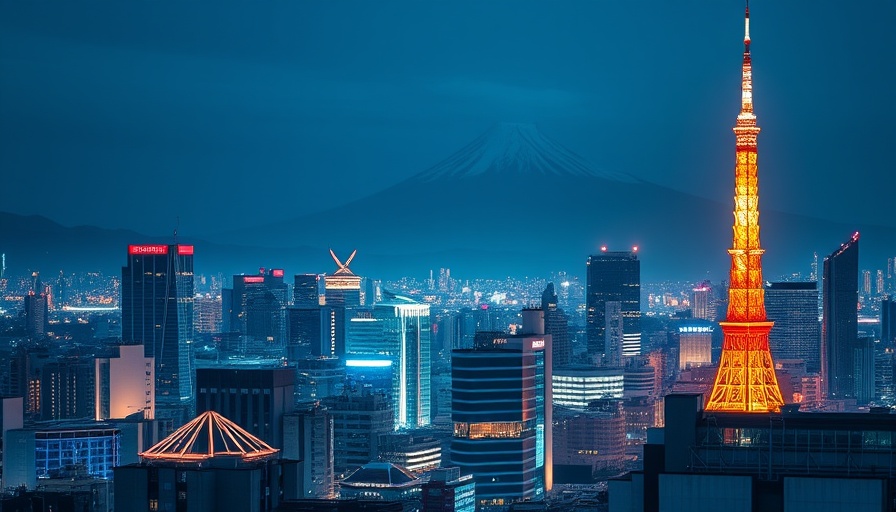 Tokyo cityscape at night with Mount Fuji in the background.