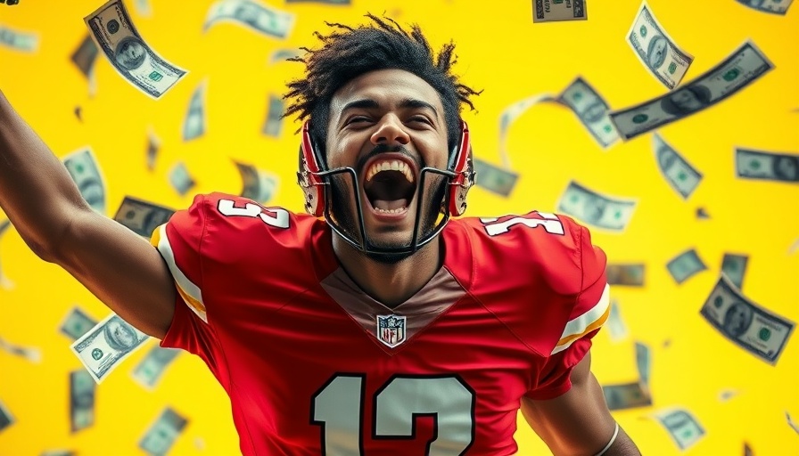 Celebrating football player with dollar bills in futuristic style.