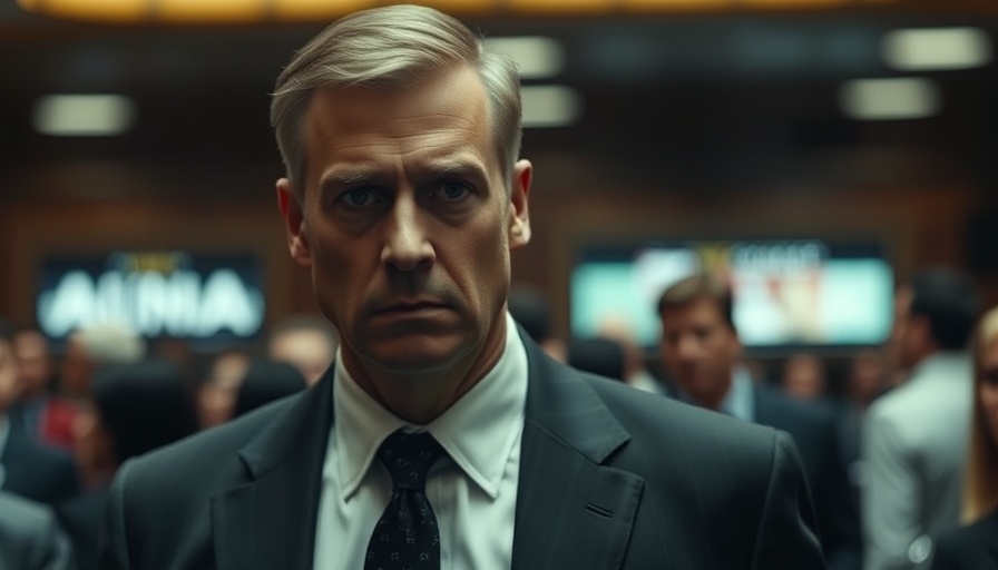 Serious man in suit in dimly lit crowded room.