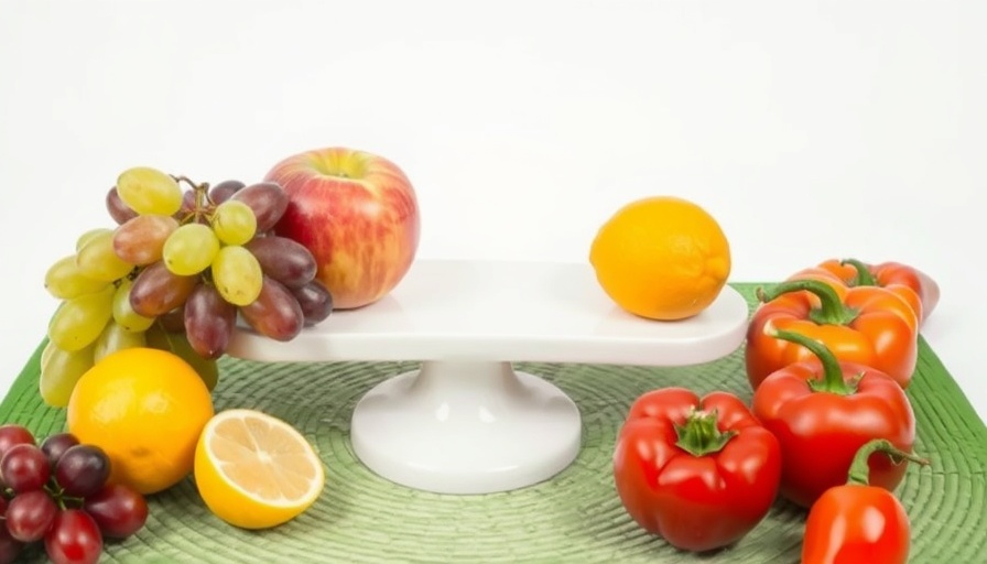 Fresh fruits on plate resembling scale, symbolizing healthy sustainable diets.