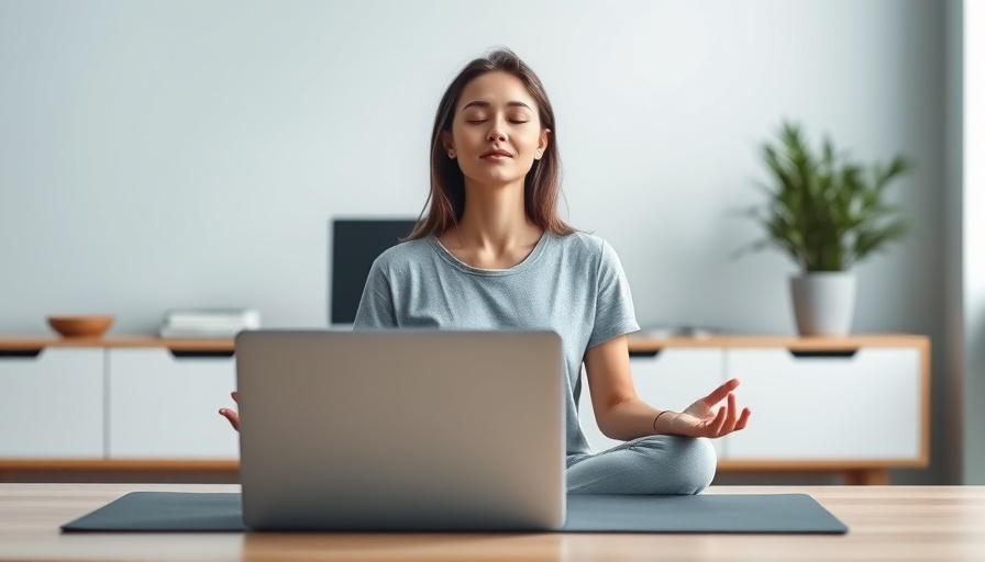 Woman meditating at desk for work-life balance promotion.