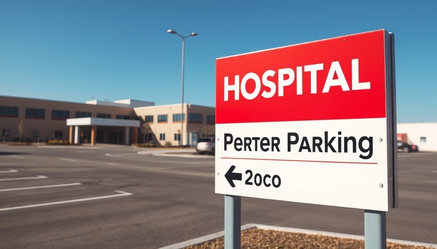 Hospital entrance sign and parking lot under clear sky