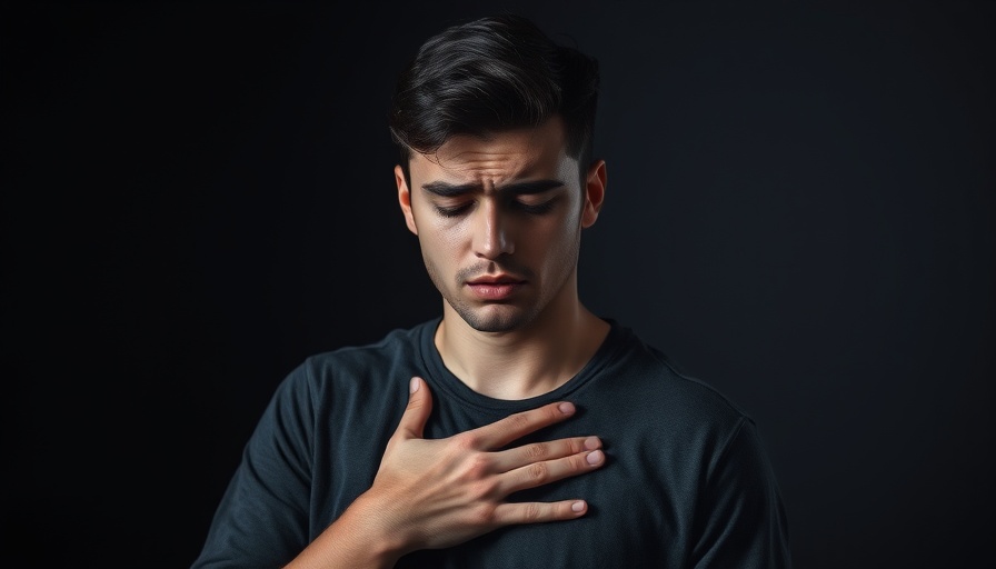 Young man experiencing heart attack symptoms, holding chest.