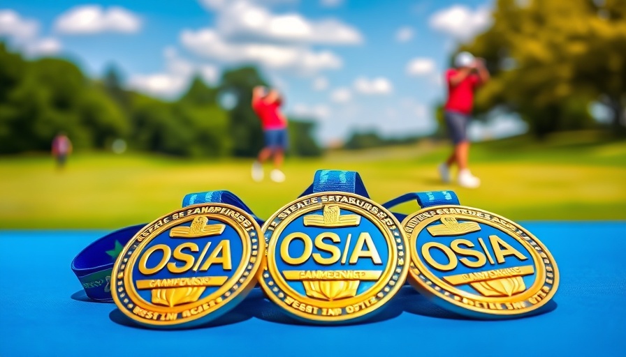 Drew Woolworth golf title championship medals on display at golf course.