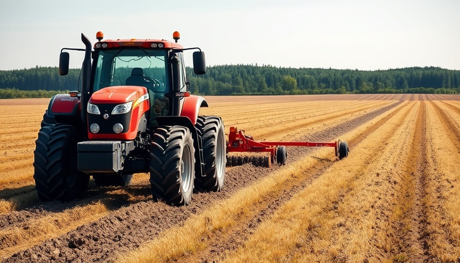 Red tractor plowing a field in Wisconsin, promoting farmer mental health resources.
