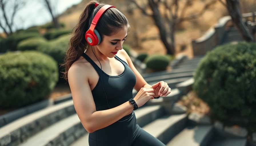 Young woman checks pulse outdoors for heart health fitness.