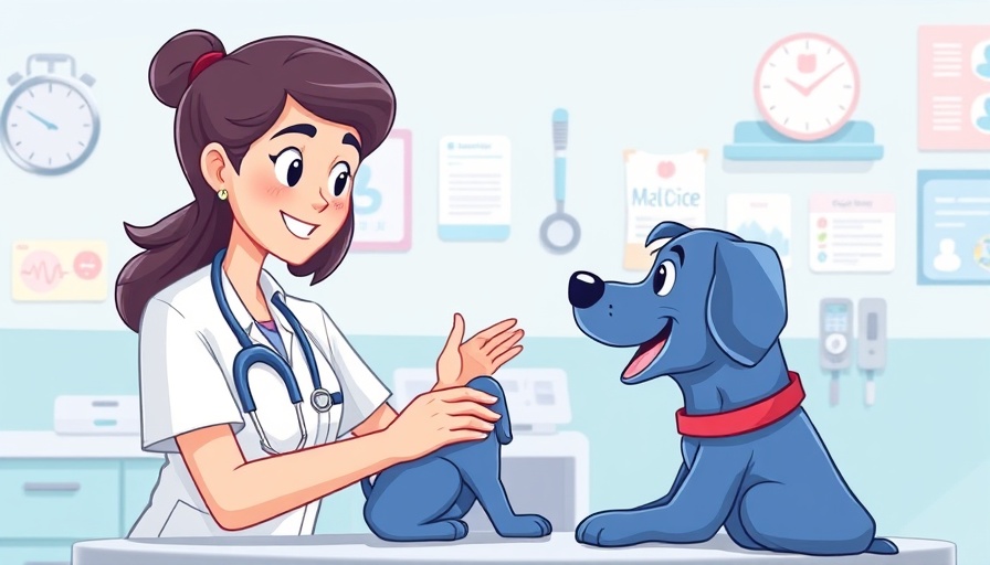 Veterinarian examining a dog in a clinic, cartoon style, pet insurance concept.