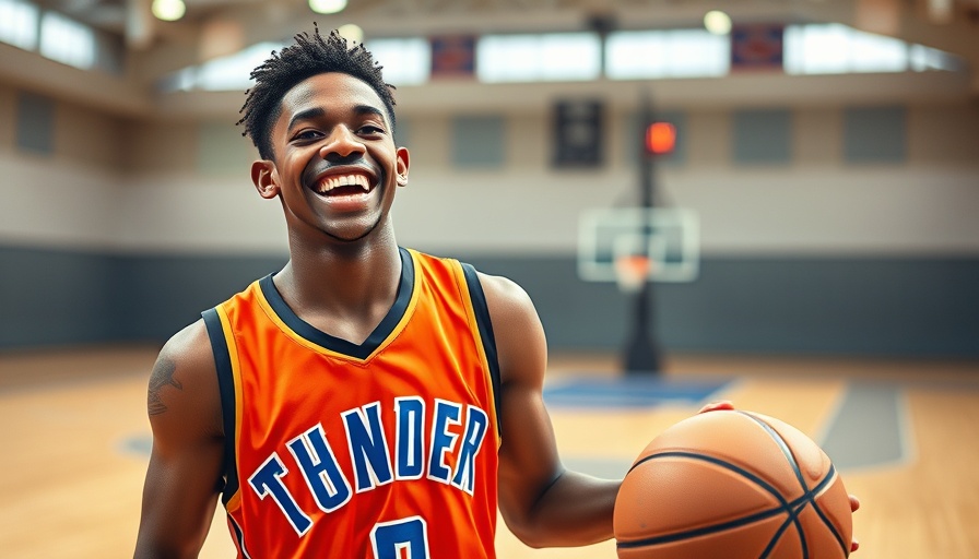 Young basketball player in Thunder jersey smiling, holding a basketball.