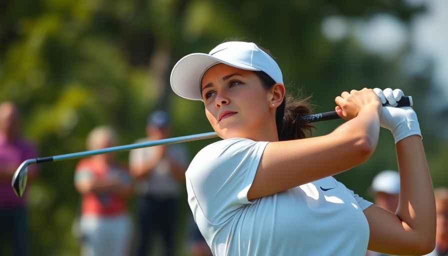 Female golfer swinging at women's golf championship.